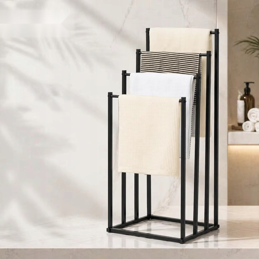 Stojak na ręczniki wolnostojący metalowy czarny 4 ramiona 96 cm