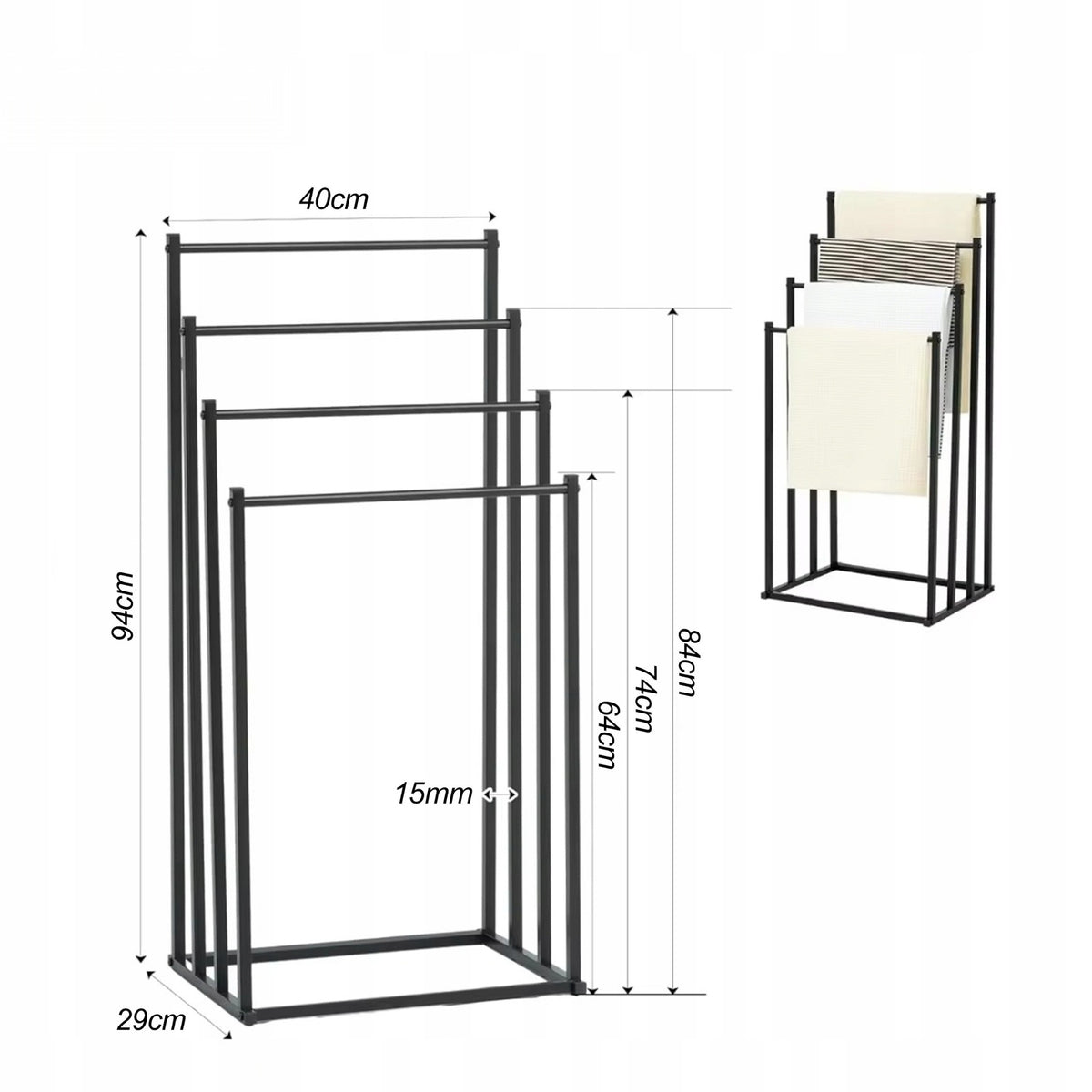 Stojak na ręczniki wolnostojący metalowy czarny 4 ramiona 96 cm